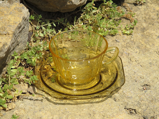 Yellow Depression Madrid-pattern china available for rent from www.momentarilyyours.com, teacups $1 each, saucers $0.75 each.