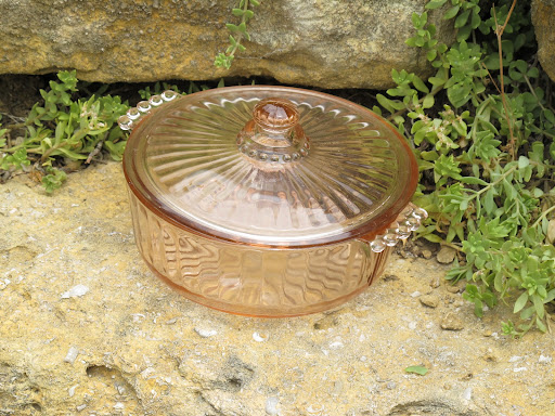Pink depression glass candy dish with lid available for rent from www.momentarilyyours.com, $3.