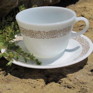 Woodland Pyrex Pattern Teacups and Saucers