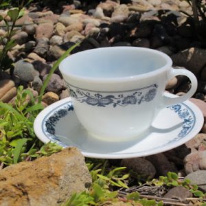 Old Town Blue Pyrex Pattern China Teacups and Saucers