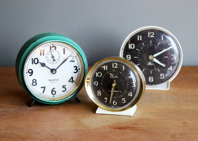 Vintage alarm clocks available for rent from www.momentarilyyours.com, $2.50 each.