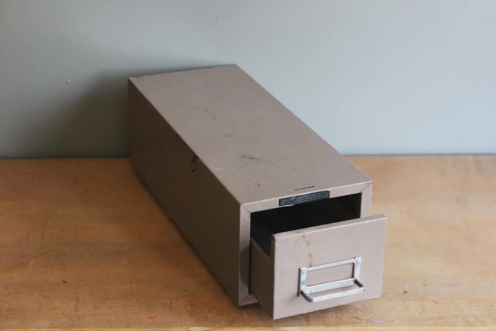 Brown metal card catalog available for rent from www.momentarilyyours.com, $3.