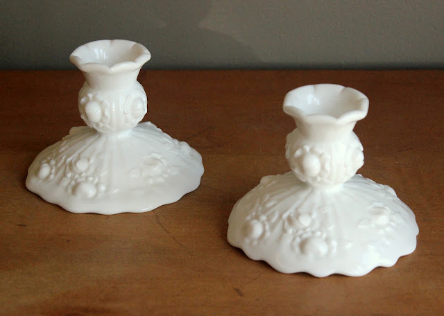 Milk Glass Taper Holders from the rental inventory of www.momentarilyyours.com