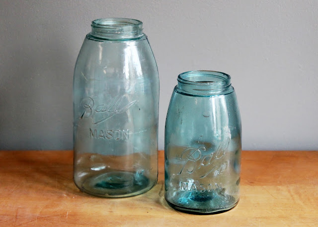 Slope-shouldered blue mason jars available for rent from www.momentarilyyours.com, $4.00 for set.