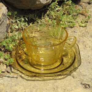 Yellow Depression Glass Teacups & Saucers